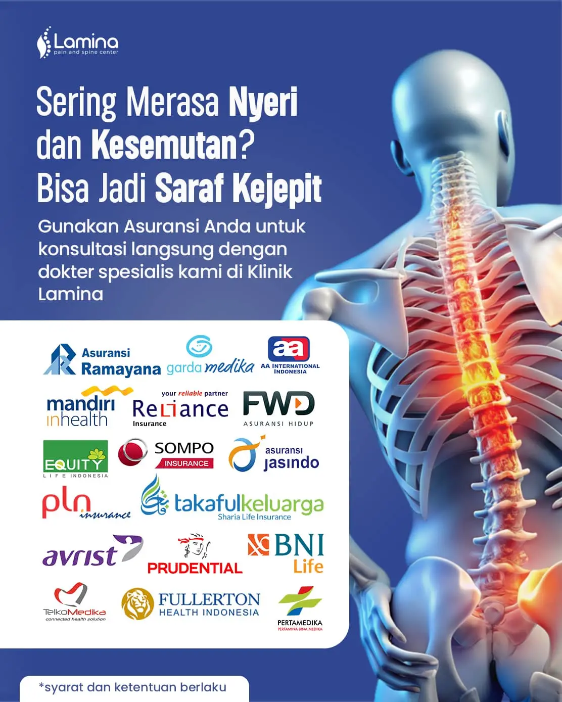 Gambar anatomi tubuh bagian atas menampilkan tekanan pada tulang belakang dengan teks informatif